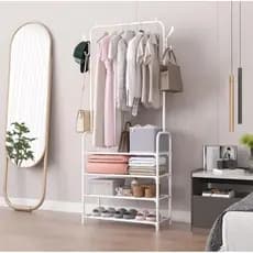 Arara De Roupa Dupla em Aço Inox Cabideiro Sapateira Com Prateleiras Multiuso