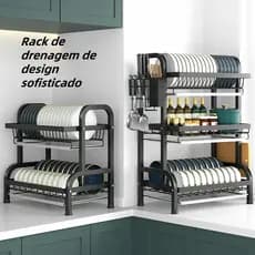 Escorredor Organizador de Louças 2 andar 3 andar Preto Aço Inoxidável Rack ESCORREDOR DE LOUCA