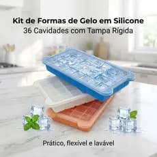 Kits Formas de Gelo Silicone Com Tampa Rígida Flexível Fundo Retangular 36 Cubos Multiuso Lavável