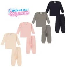 Conjunto Infantil Bebê Canelado Liso Manga Longa Blusa Calça Com Punho Inverno Meia Estação P ao 3 Anos