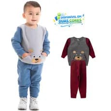 Conjunto Infantil Masculino Inverno Boucle Peluciado Casaco com Boldo e Bordado Interativo urso Calça Com Punho