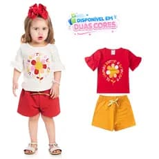 Conjunto Infantil Verão Manga Curta Com Babado Feminino Menina Estampa Flor Com Glitter Shorts Moletinho 1 ao 3 anos