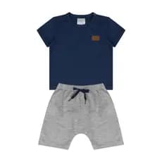Conjunto Infantil Masculino Bebê Verão P ao G – Blusa com Aplique Camurça + Shorts Tubarão Moletinho