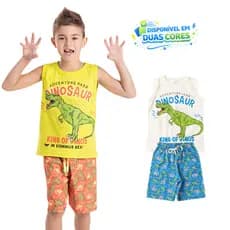 Conjunto Infantil Verão Masculino Menino Regata Algodão Dinossauro Bermuda Tactel Praia 4 ao 10 anos