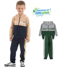 Conjunto Infantil Masculino Inverno Moletom Peluciado Jaqueta Skateboard com Zíper e Capuz Calça Felpado Com Recorte