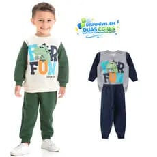 Conjunto Moletom Peluciado Infantil Inverno Masculino Casaco Super Peluciado Com Estampa Frontal Dino Fun
