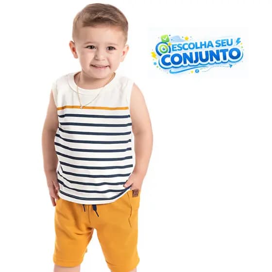 Conjunto Infantil Verão Masculino Regata 100% Algodão Listras Bermuda Moletinho Com Bolso Off White 1 ao 10 anos