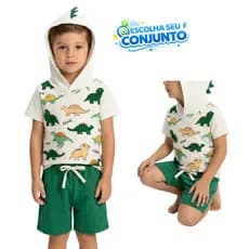Conjunto Infantil Verão Masculino Dinossauro Blusa Manga Curta Com Capuz Interativo Bermuda Moletinho 1 ao 10 anos