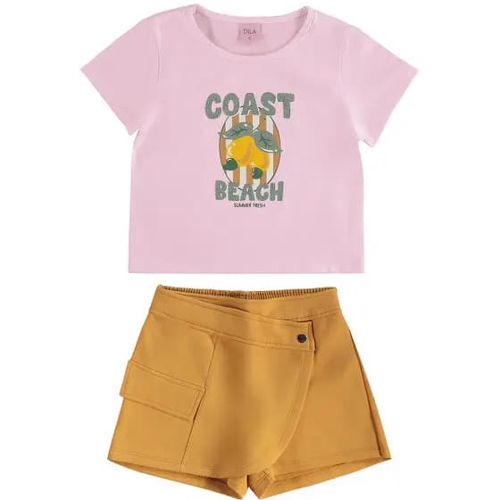 04625 CONJUNTO INFANTIL FEMININO BLUSA EM MALHA COM STRASS + SHORT-SAIA EM MOLETINHO