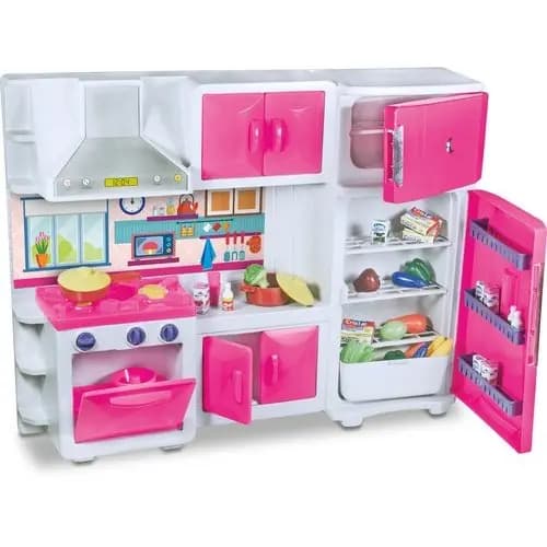 Cozinha De Brinquedo Infantil Completa Armario Geladeira Fogao Coifa Rosa Brincadeira