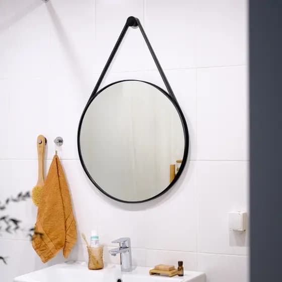 Espelho Decorativo Escritório com Alça Em Couro 60cm com Suporte Espelho para Banheiro Quarto Sala