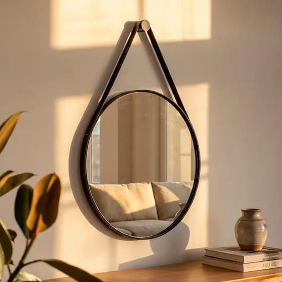 Espelho Redondo Decorativo Suspenso Alça 60cm + Pino Suporte para Banheiro Sala Quarto