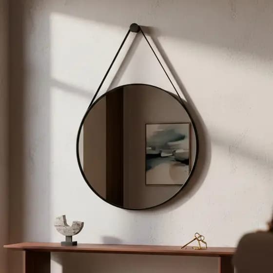 Espelho Redondo De Parede com Alça Espelho Em Couro 60cm Espelho para Banheiro Sala Quarto de Parede