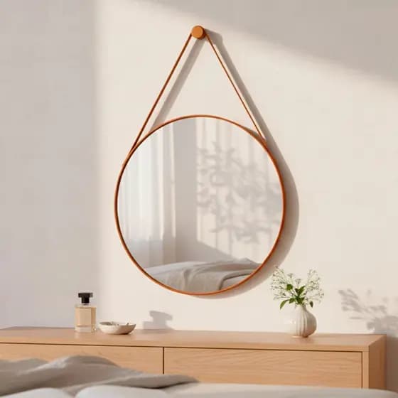 Espelho Adnet com Alça em Couro Decorativo com Pino de Parede Espelho para Banheiro Quarto Sala 60cm