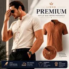 Camisa Social Masculina Manga Curta Gola Padre Linho Luxo