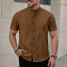 Camisa Masculina Linho Premium Gola Padre Manga Curta Luxo Elegante Versátil
