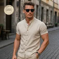 Camisa Masculina Gola Padre Social Linho Algodão Manga Curta Executiva Slim Fit