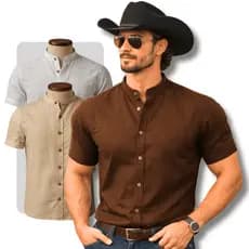 Camisa Gola Padre Masculina Manga Curta Trama em Linho Premium