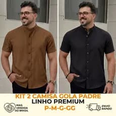 Kit 2 Camisa Masculina Linho Premium Gola Padre Manga Curta Modelagem Slim Fit