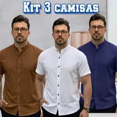 Kit 3 Camisa Masculina Linho Premium Gola Padre Manga Curta Luxo Elegante Versátil