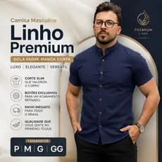 Camisa Masculina Manga Curta Gola Padre Linho Premium Slim Elegante Confortável