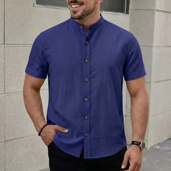 Camisa Masculina Gola Padre Linho Premium Social Manga Curta
