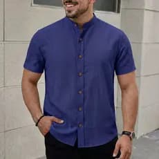Camisa Masculina Gola Padre Linho Premium Social Manga Curta