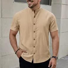 Camisa Masculina Gola Padre Linho Premium Social Elegante Manga Curta Básica