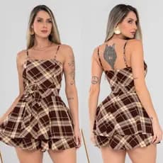Macaquinho vestido soltinho zíper atrás alça ajustável laço removível Moda Festa Junina Xadrez