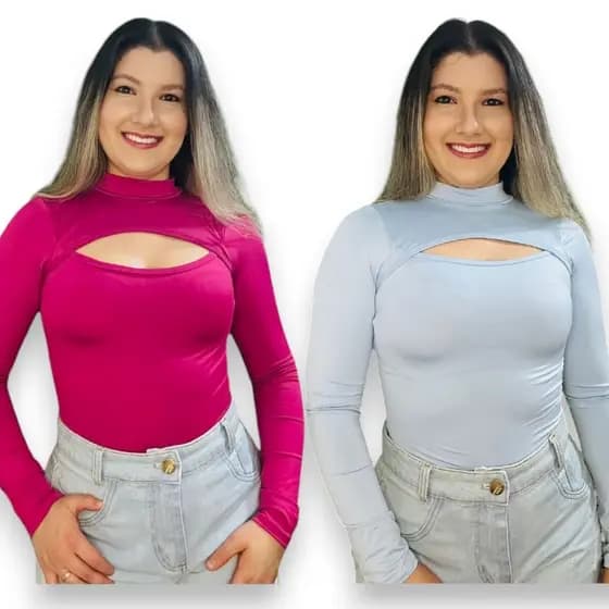 Body Feminino Pirâmide Manga Longa Gola Moda Gringa Básica Casual