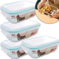 Jogo 4 Potes Tampa Com Trava 1040ml Transparente Kit Marmita Fitness de Vidro Grande Retangular