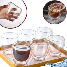 Conjunto 6 Copos Parede Dupla de Vidro Transparente Grande 250ml Para Bebida Café Chá Suco Cerveja