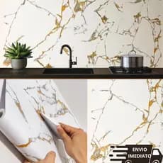 Papel de Parede Adesivo Marmore Dourado, Envelopamento Marmorizado Autocolante 5 Metros x 45 CM