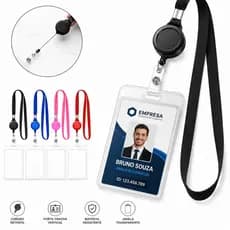 Porta Crachá Com Cordão Retrátil Extensível Reforçado Vertical Duplo Cartão Transparente