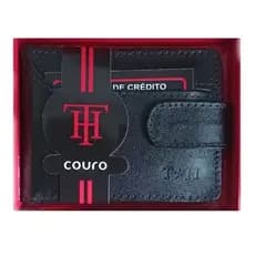 Carteira Masculina Couro Preta Compacta com Porta Cartões e Fecho, Elegante para Documentos