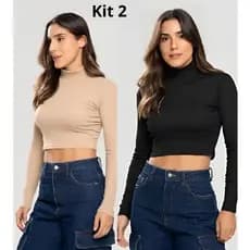 Kit 2 Cropped Gola Alta Canelado Manga Longa-Cropped de Inverno  Manga Comprida