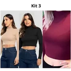 Kit 3 Blusa Cropped Feminino Gola Alta Malha Canelada Manga Longa