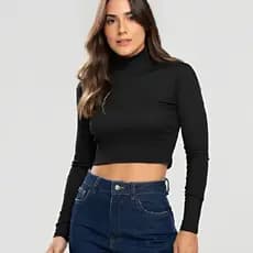 Cropped Blusa Feminino Canelado Manga Longa Gola Alta Inverno Tendência Blusa Feminina Estilosa Tecido Macio