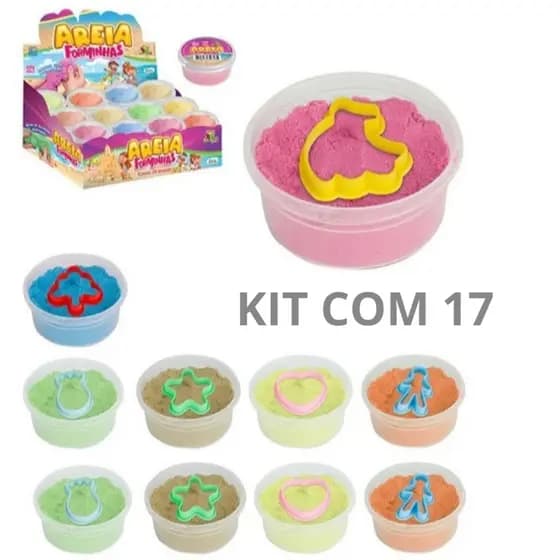 Kit 17 Massinhas De Areia Cinética Com Forminha Pote 60 Gr + 17 forminhas