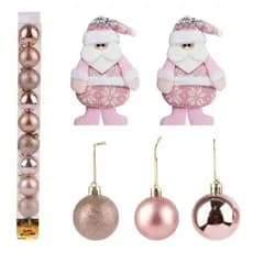 Enfeite 10 Bolas Rose Gold 5cm + 2 Papai noel Pendente Luxo Natal