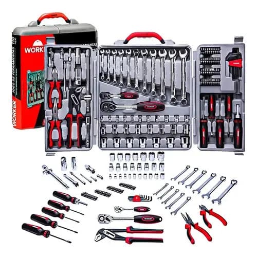 Kit Jogo De Ferramentas Maleta Com 110 Peças Soquete Chave Completo Worker Cinza Aço Cromo Vanádio