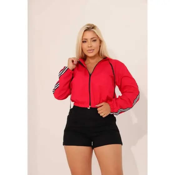 Jaqueta Jaquetinha feminina Tactel FERNANDA Estilosa com capuz e Faixas Laterais Lançamento