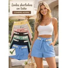 Short Feminino em Linho Cintura Alta com Cinto ESTER – Verão, Confortável, Elegante e Fresquinho