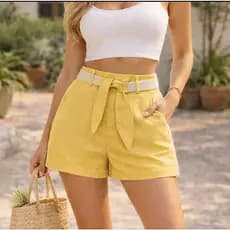 Shortinho Feminino ESTER LINHO Shorts Cintura alta com Faixa cinto e Bolsos Casual Confortável e Elegante
