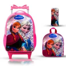 kit mochila escolar infantil lancheira e estojo frozen com rodinhas