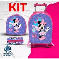 kit mochila escolar infantil lancheira e estojo minie lilas com rodinhas