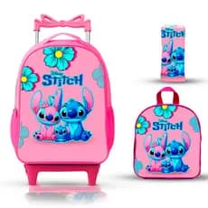 kit mochila escolar infantil lancheira e estojo stitch com rodinhas