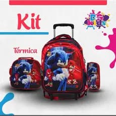 kit mochila escolar sonic 3D  com rodinhas lancheira térmica e estojo homem aranha e varios personagens