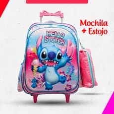 mochila escolar infantil 3D de rodinhas femininas mochila mais estojo varios personagens stitch skaie minie