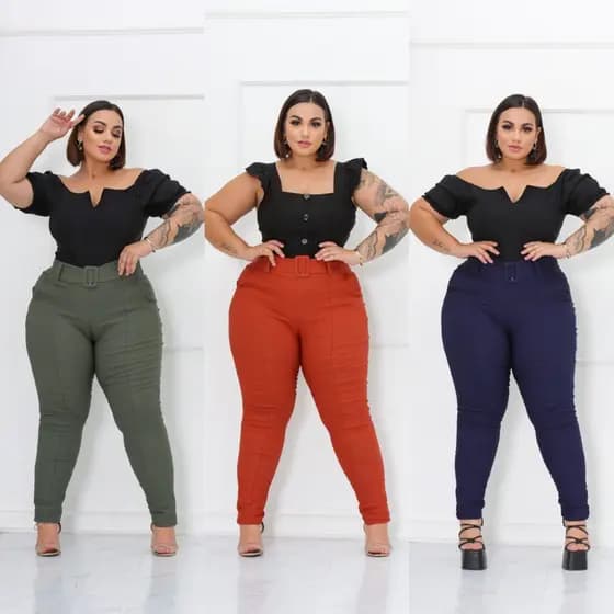CALÇA ALFAIATARIA PLUS SIZE BENGALINE ESTILO SOCIAL MODELO CINTO  ELEGANTE FRISO FRONTAL